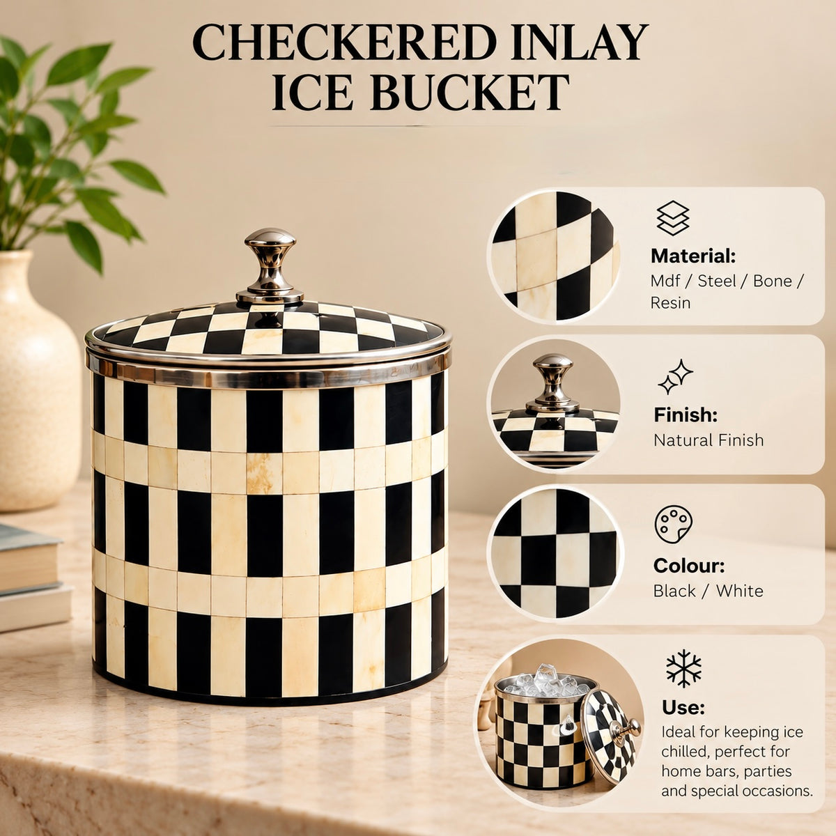 Handcrafted Bone Inlay Checkered Ice Bucket with Lid White