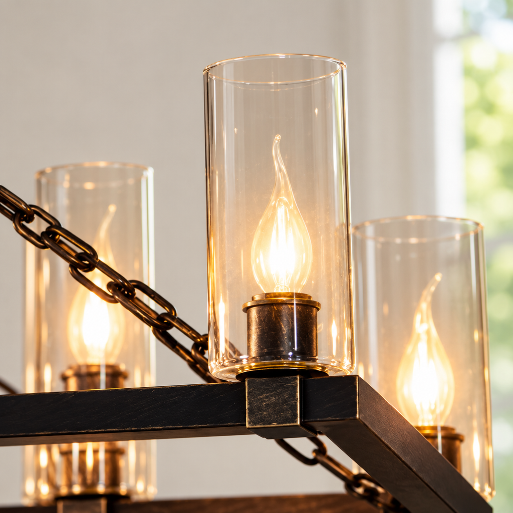 8-Light Glass Shade Chandelier Country/Farmhouse. Black