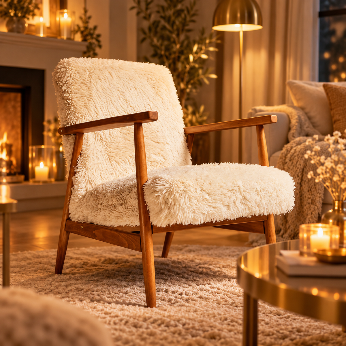 Vintage Armchair Mid-Century Beige Faux Fur Restored
