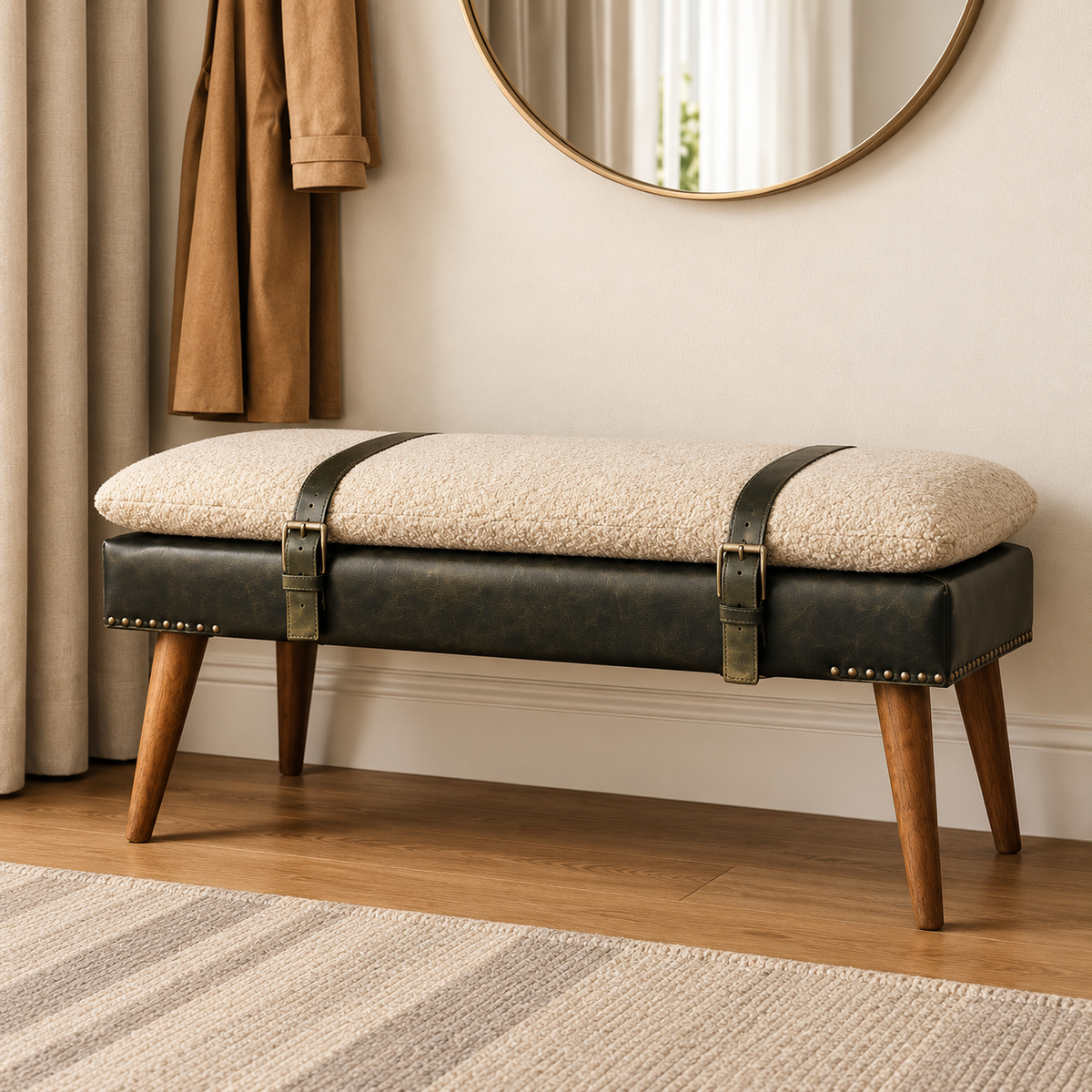 Artisan Solid Wood Bouclé Buffalo Hide Leather Bench