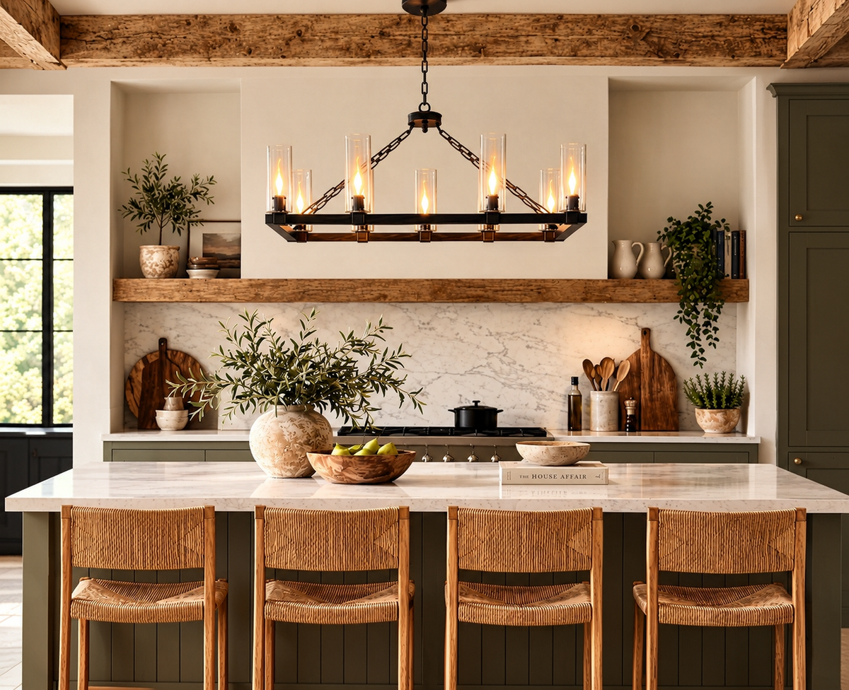 8-Light Glass Shade Chandelier Country/Farmhouse. Black