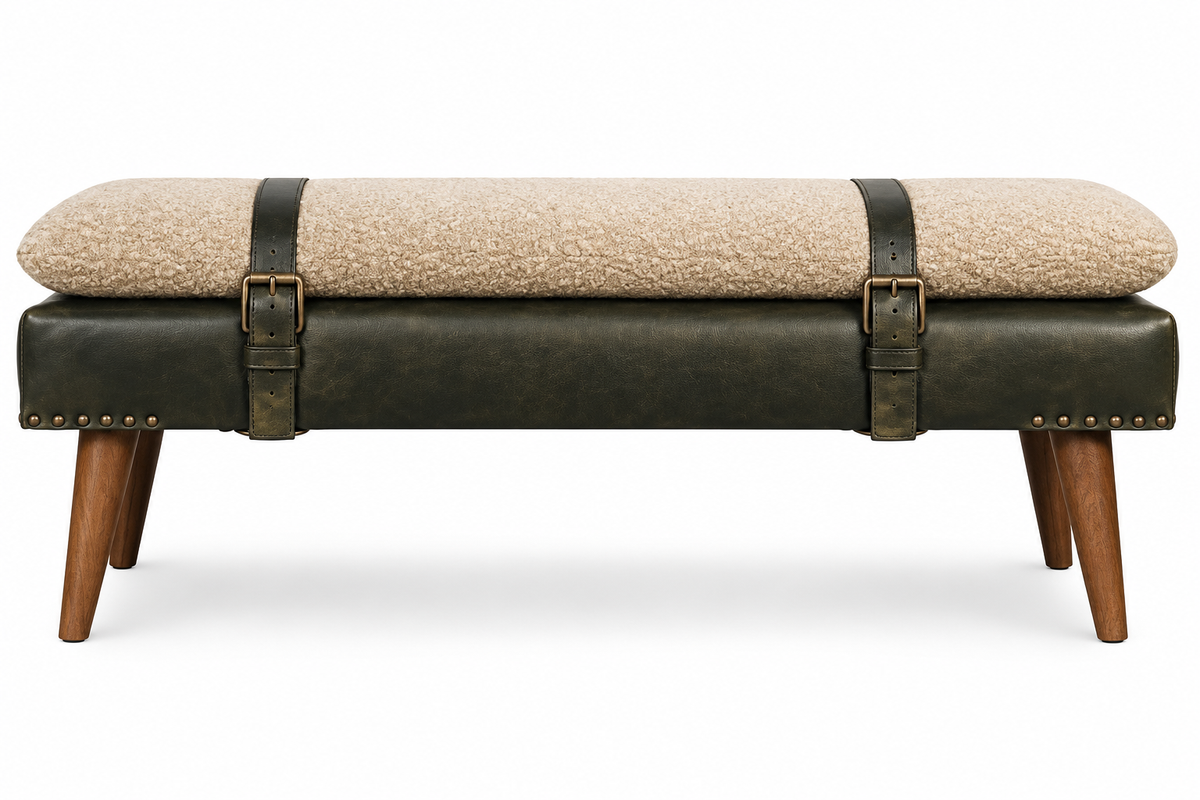 Artisan Solid Wood Bouclé Buffalo Hide Leather Bench