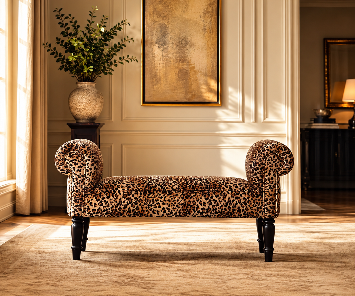 Leopard Print Cotton Velvet and Mango Wood Bench