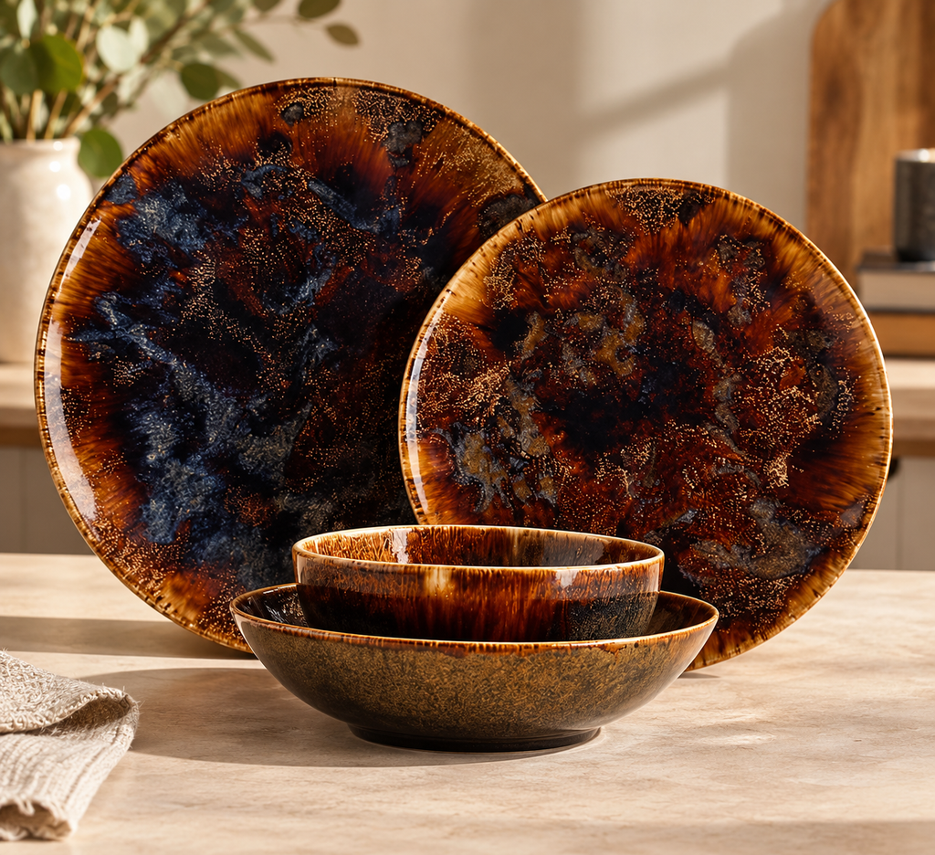 48-piece Brown Porcelain Dinnerware Set Volcano