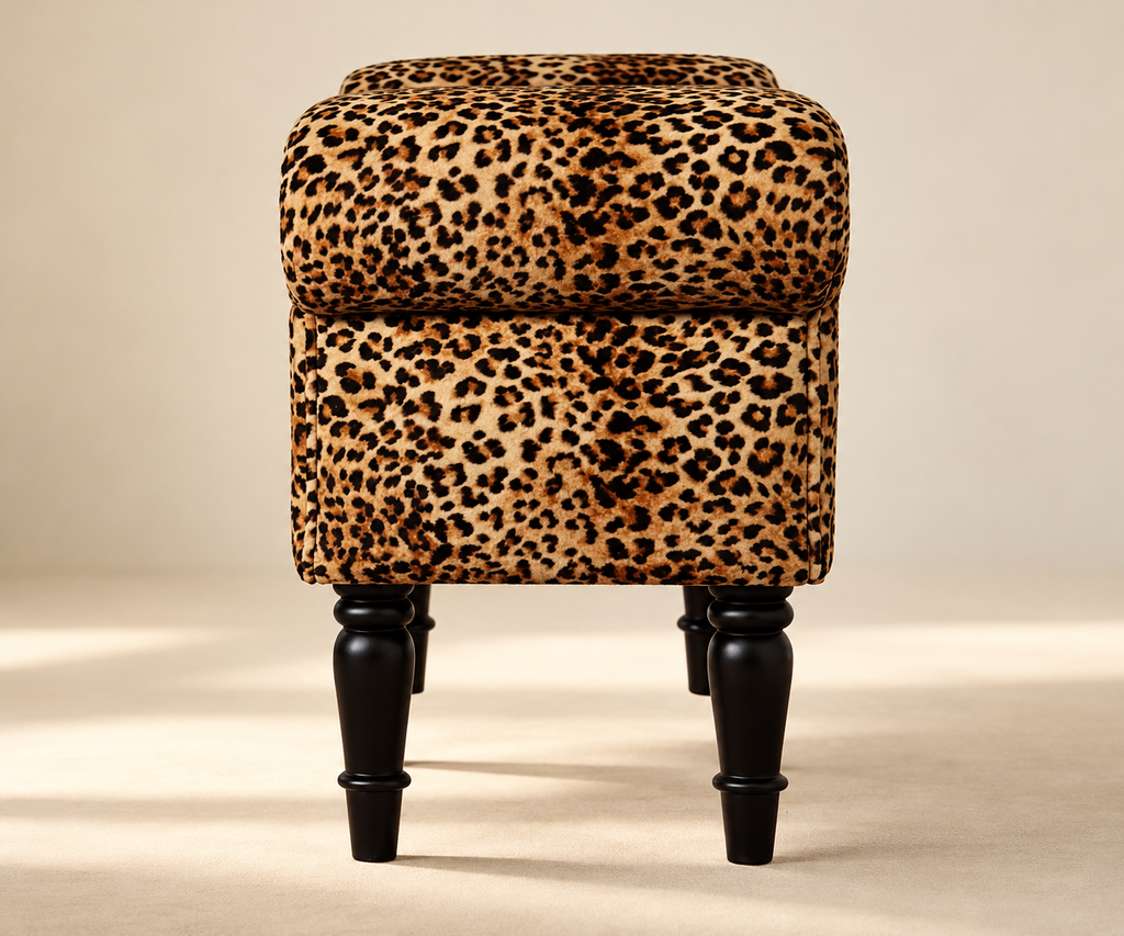 Leopard Print Cotton Velvet and Mango Wood Bench