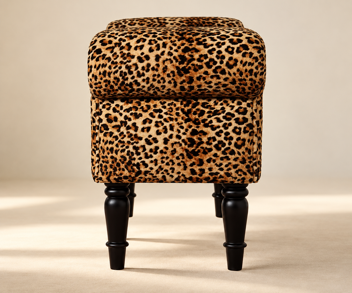 Leopard Print Cotton Velvet and Mango Wood Bench