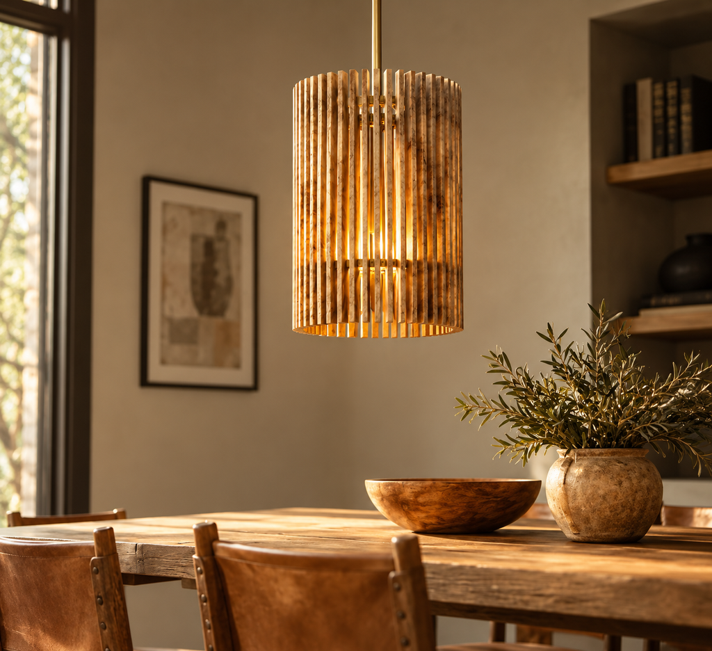 Rania Wooden Slatted Round Pendant Long