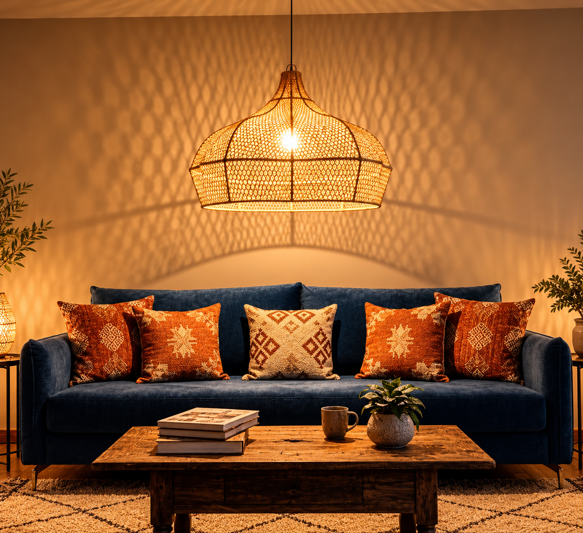 Handmade Wave Rattan Pendant Hanging Light Chandelier 100cm