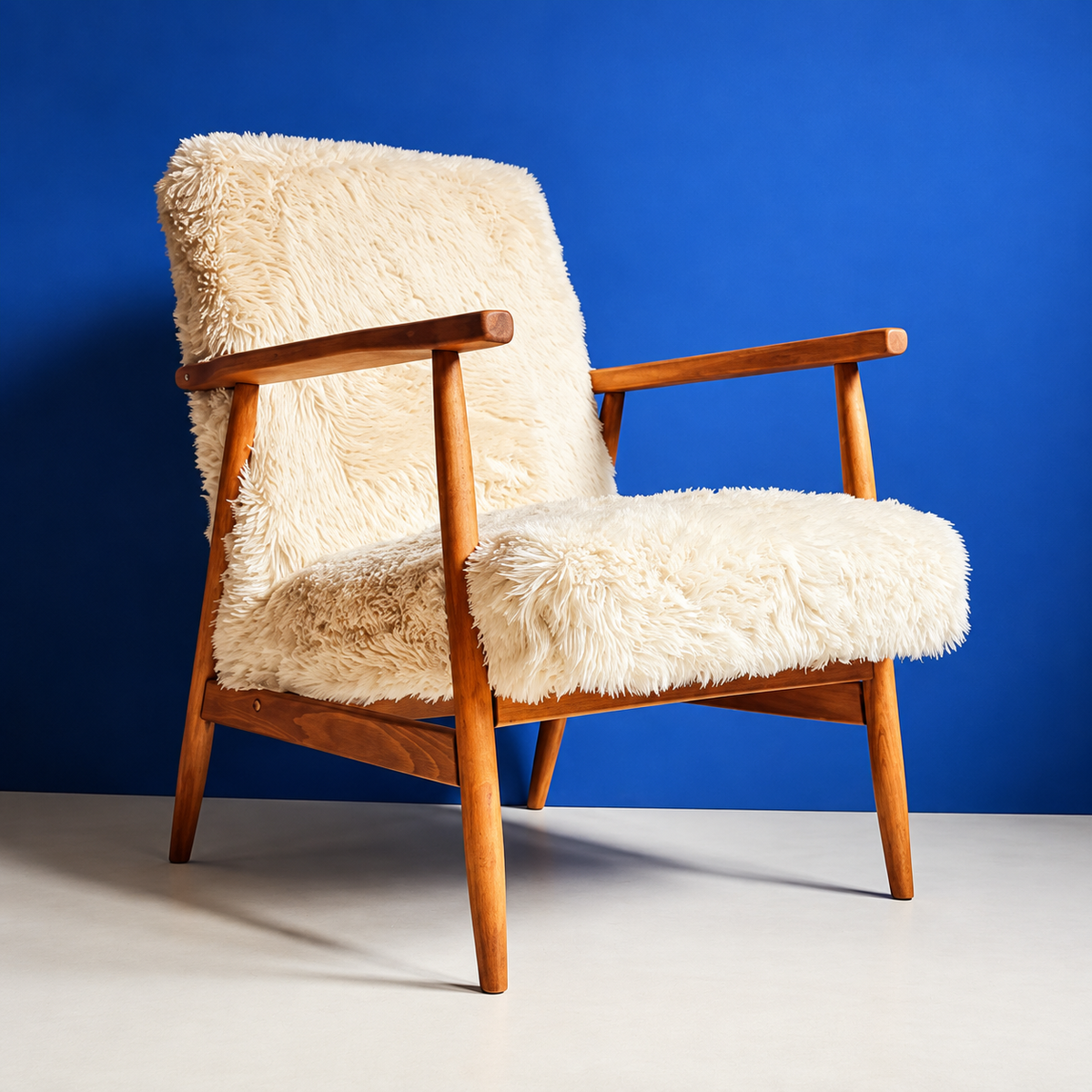 Vintage Armchair Mid-Century Beige Faux Fur Restored