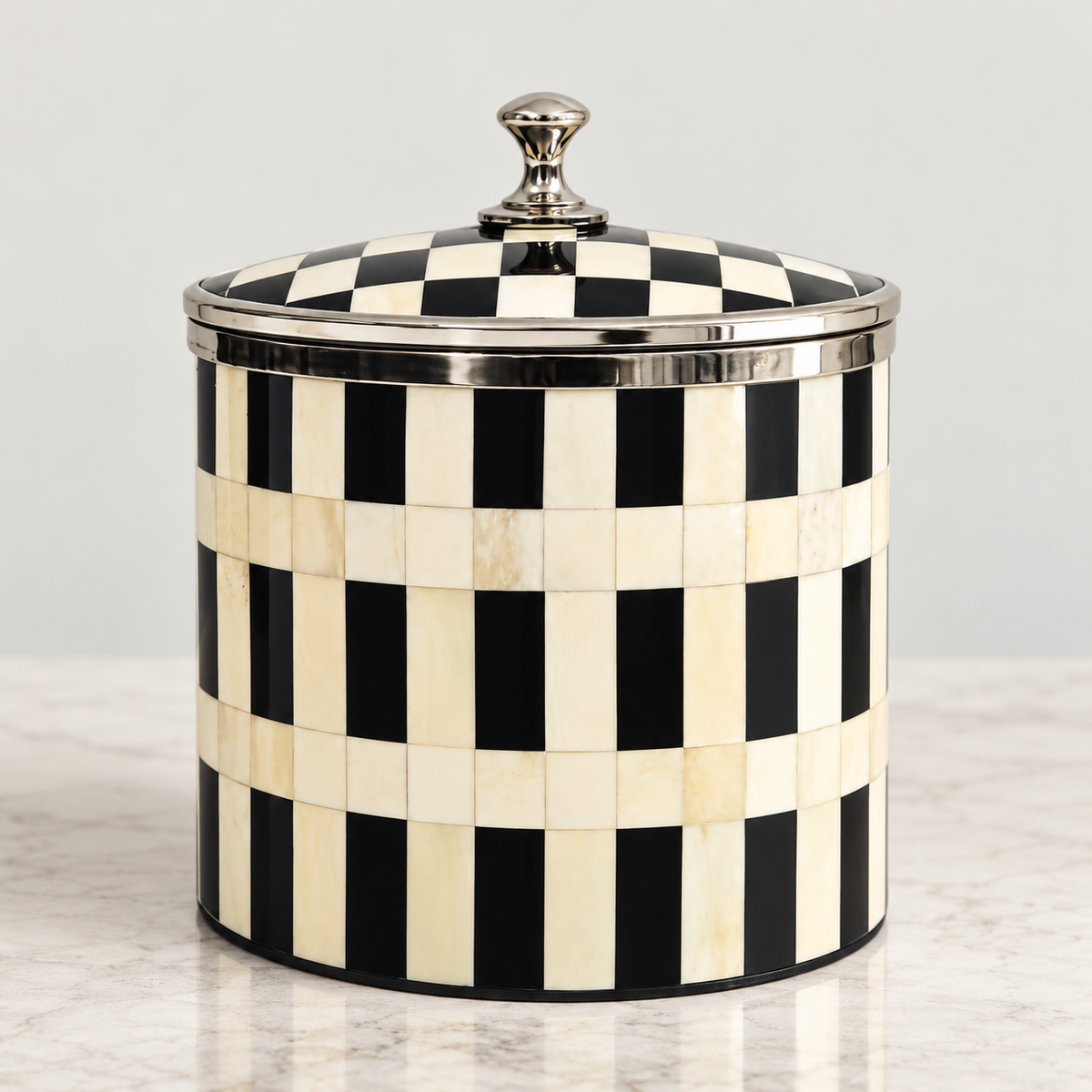 Handcrafted Bone Inlay Checkered Ice Bucket with Lid White