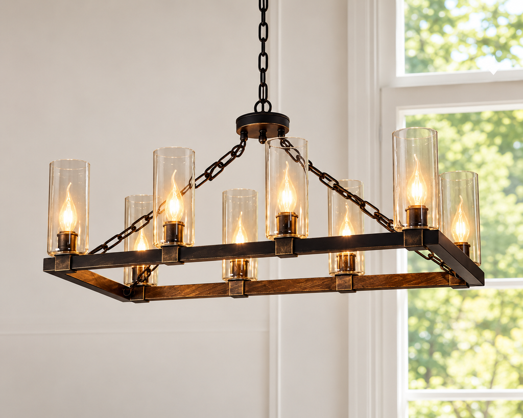 8-Light Glass Shade Chandelier Country/Farmhouse. Black