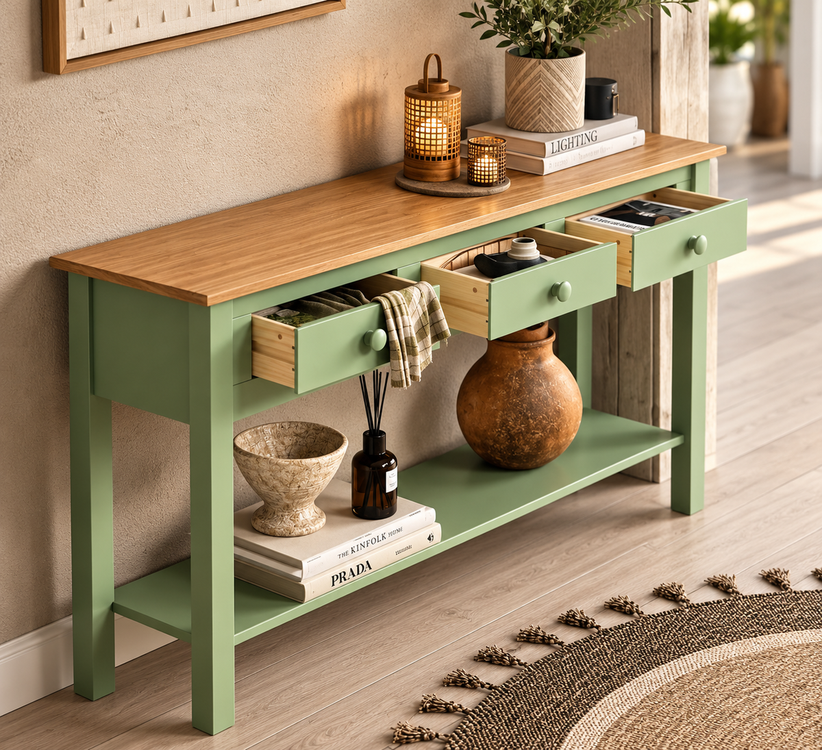 Wood Hall Table Console 3 Drawers Farmhouse Sage Green | Furniture Dash