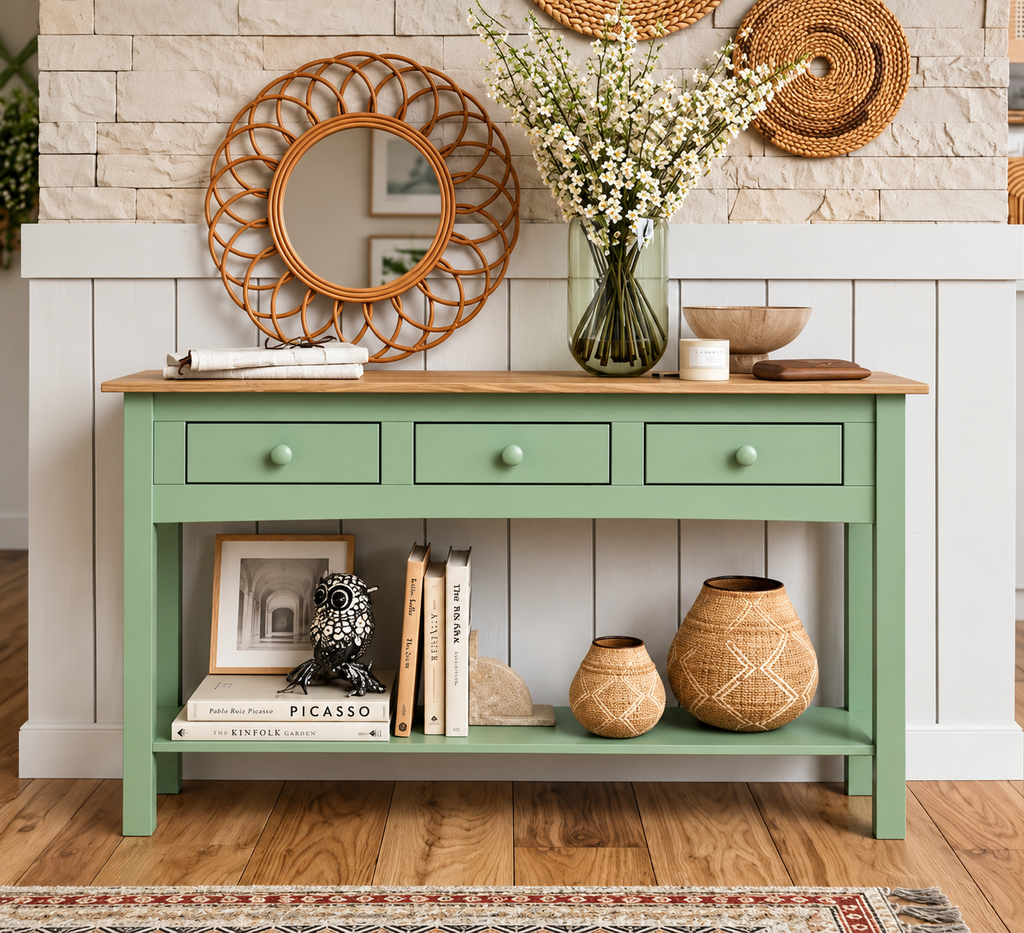Wood Hall Table Console 3 Drawers Farmhouse Sage Green | Furniture Dash