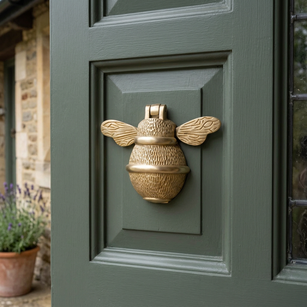 Bee door knocker on a sage-green door