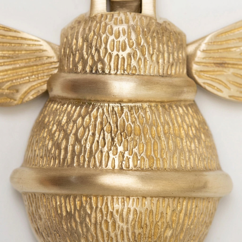 Close-up of the brass bee door knocker